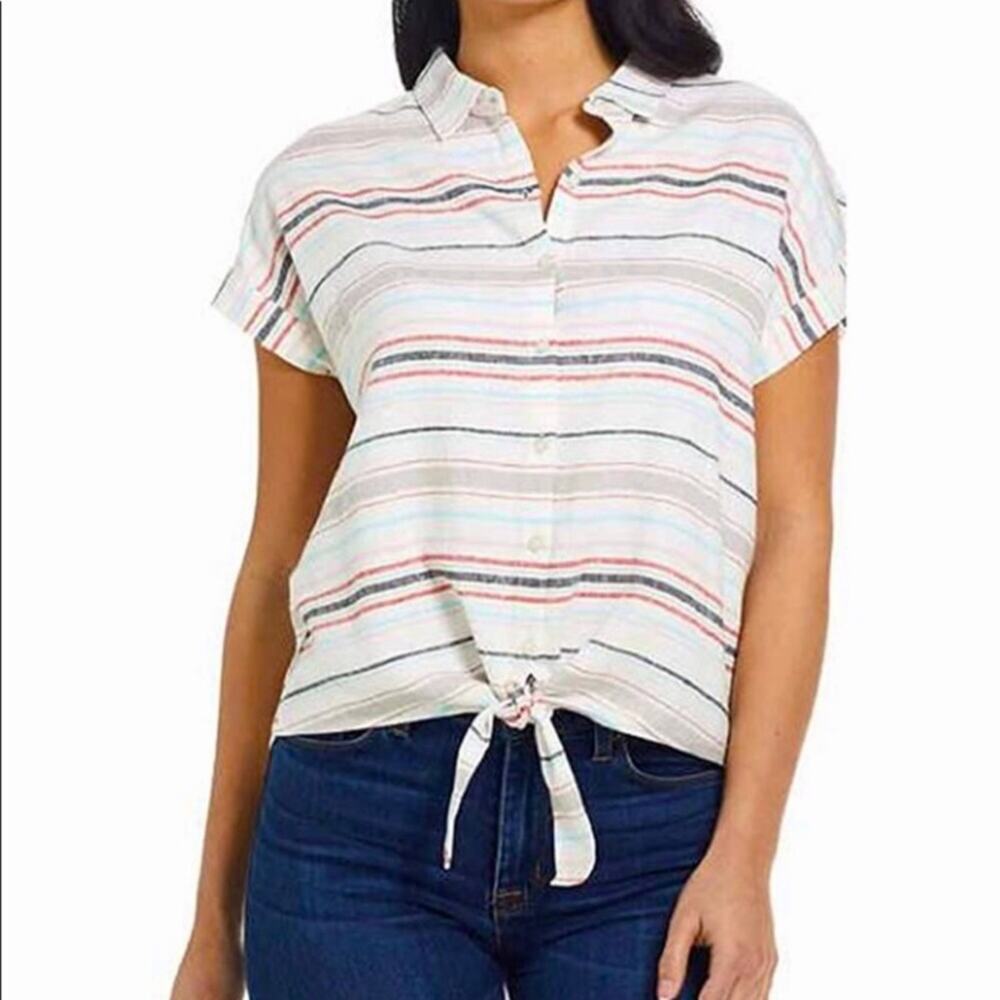 Weatherproof Vintage striped tie front camp shirt Washable Linen XXL Button up